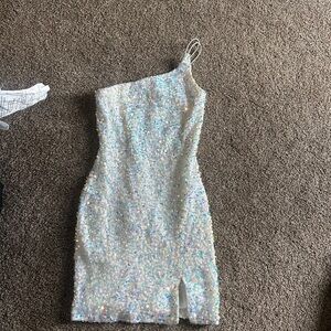 Blue Silver Sequin One-Shoulder Maxi Dress